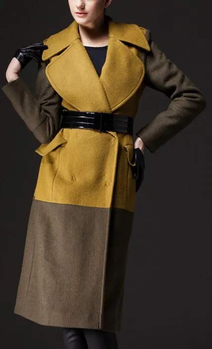 Large Collar Color-Block Wool Coat