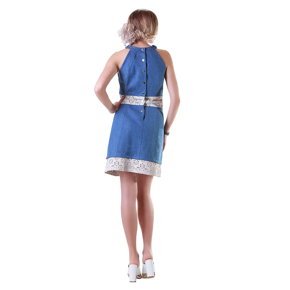 Laser Cut Reindeer Leather Panel Denim Dress -  Limited Edition