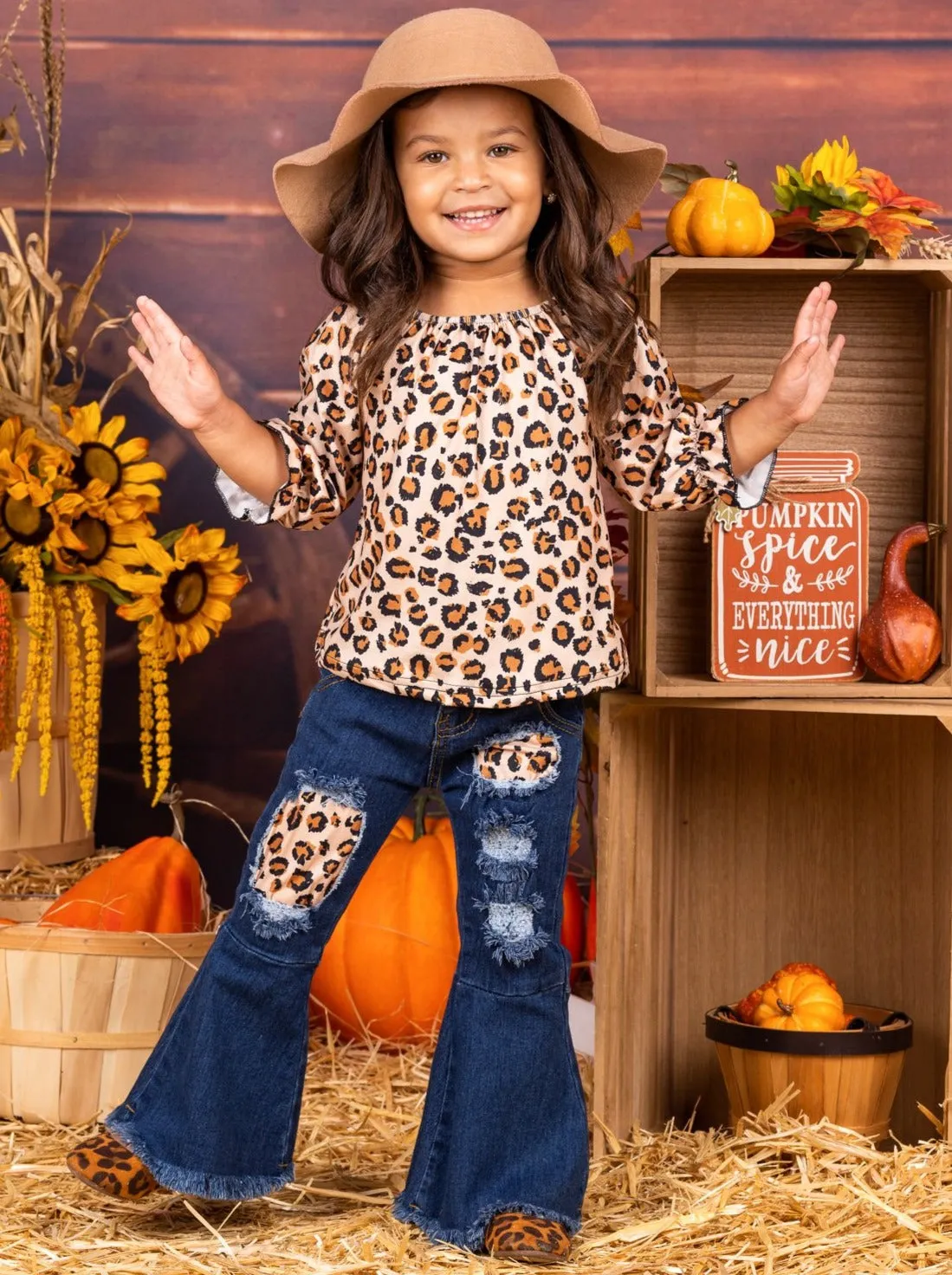 Lil' Leopard Patched Bell Bottom Jeans Set