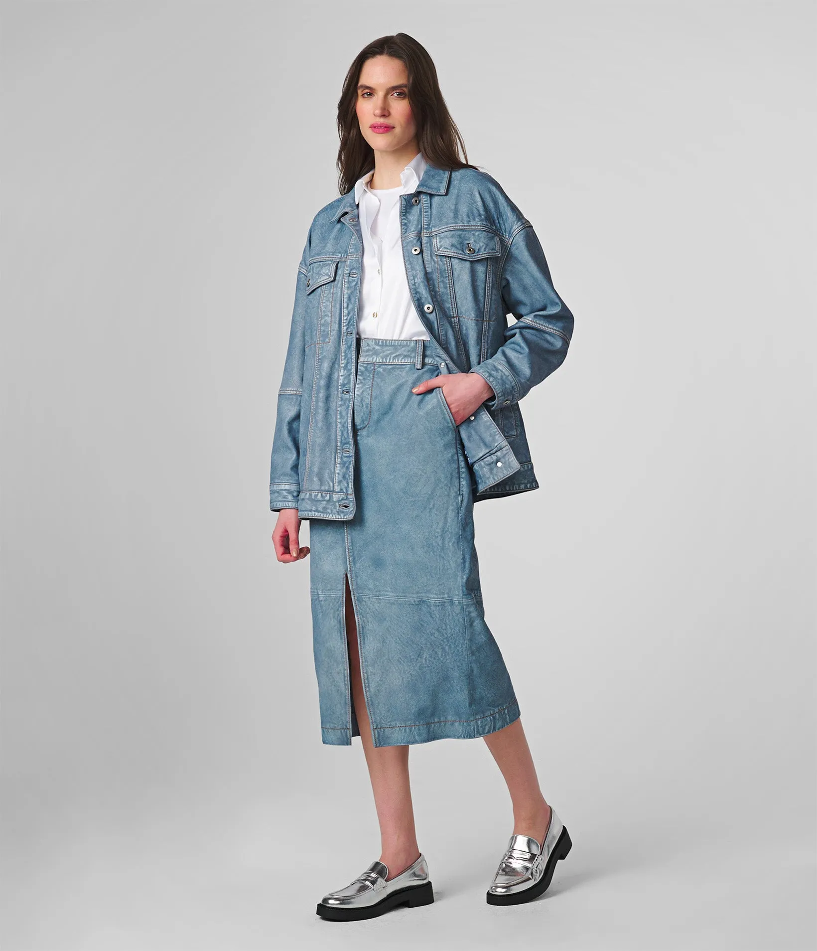 Long Denim Skirt With Slit