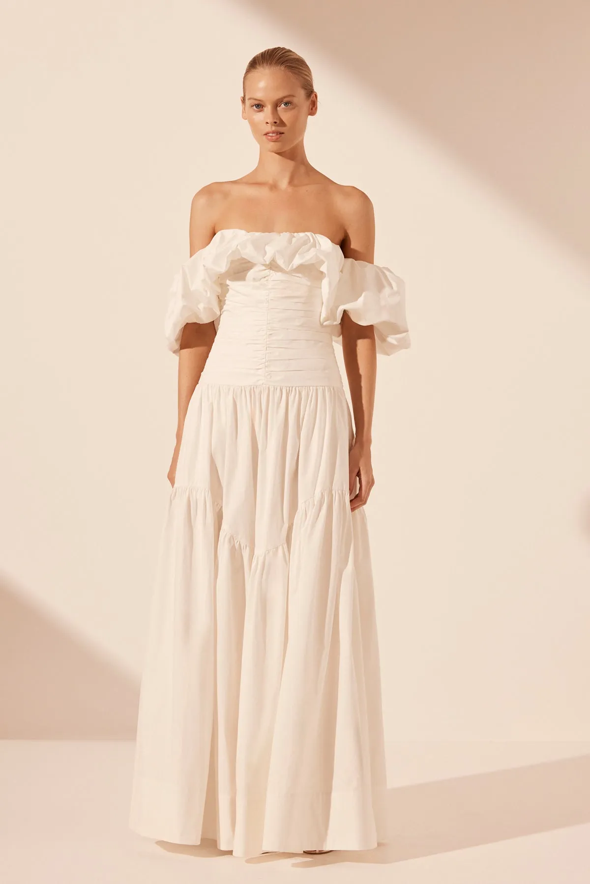 MAIORI OFF SHOULDER RUCHED BODICE MAXI DRESS - IVORY