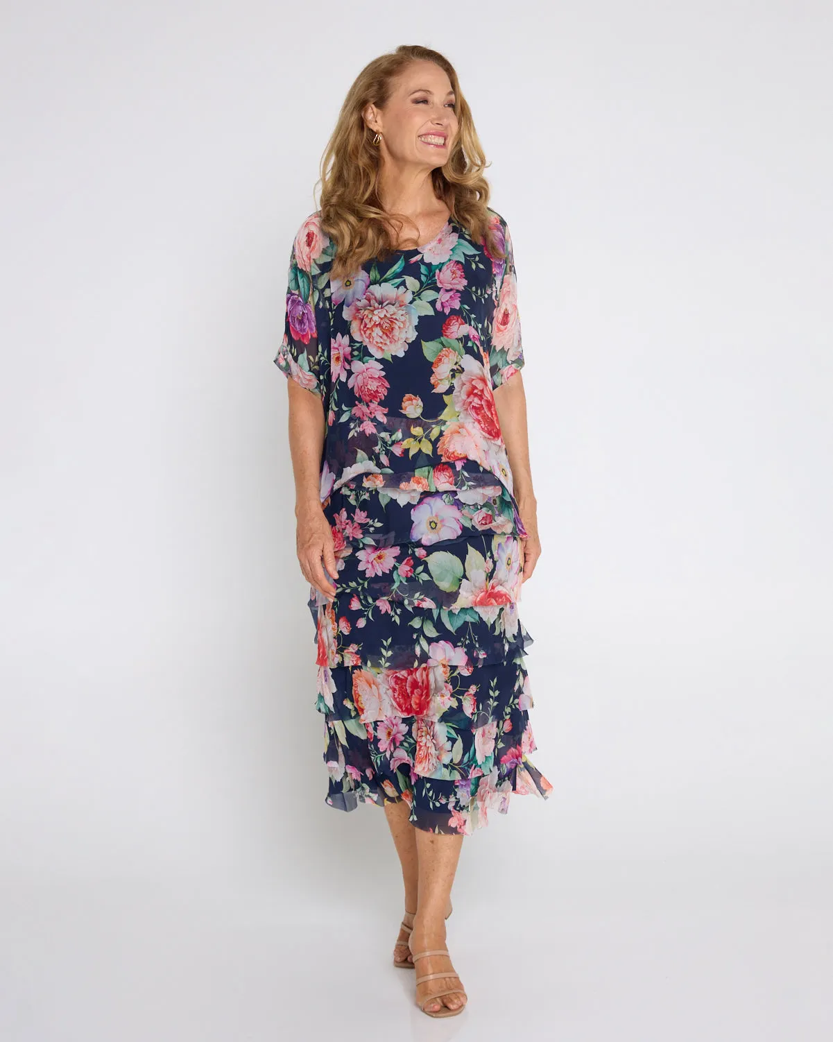 Margo Silk Dress - Navy Camellia Gardens