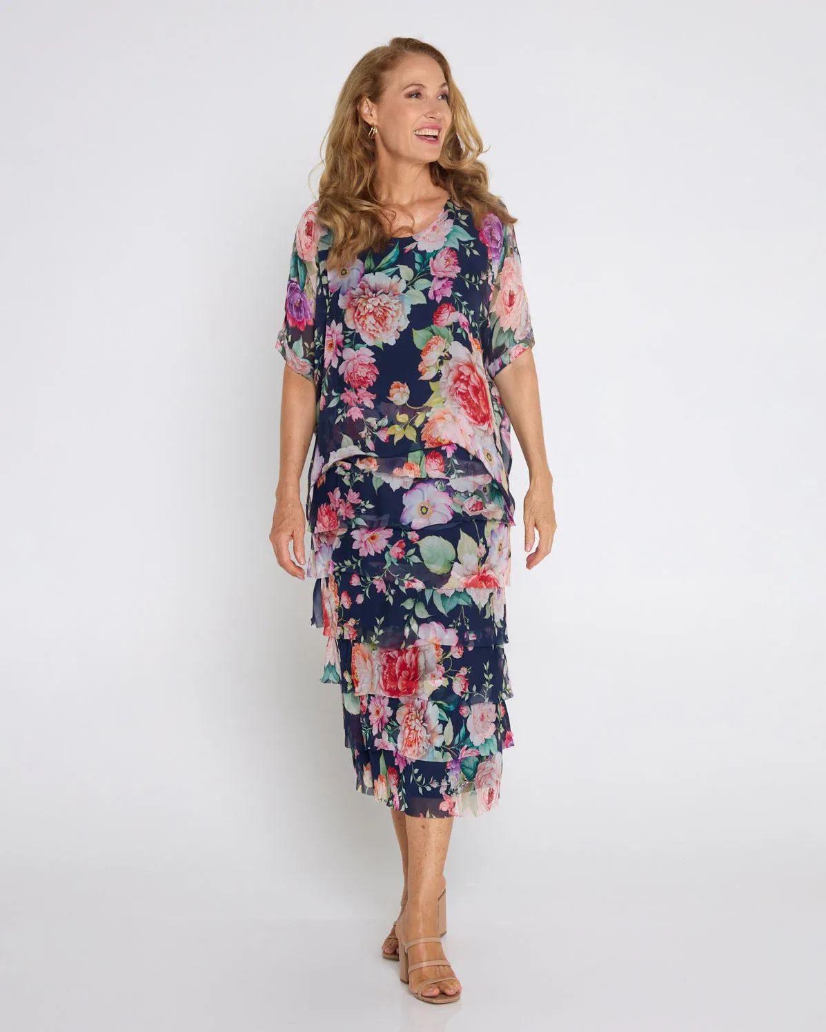 Margo Silk Dress - Navy Camellia Gardens