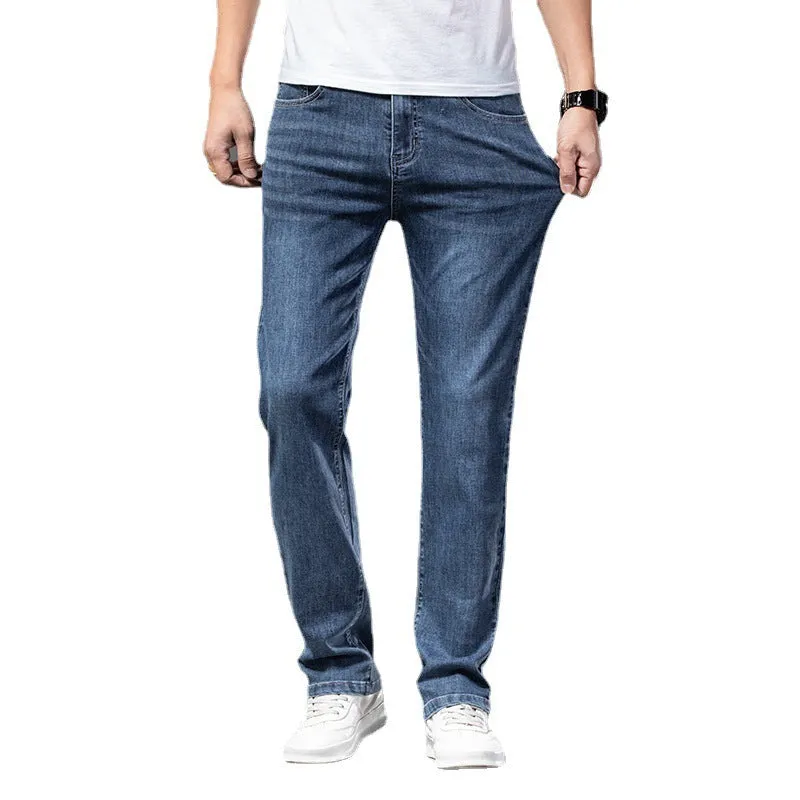 Men's Casual Half Elastic Waist Stretch Denim Trousers