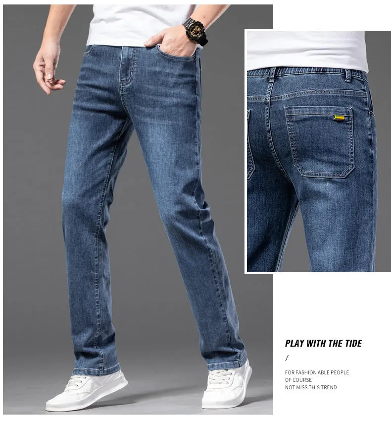 Men's Casual Half Elastic Waist Stretch Denim Trousers