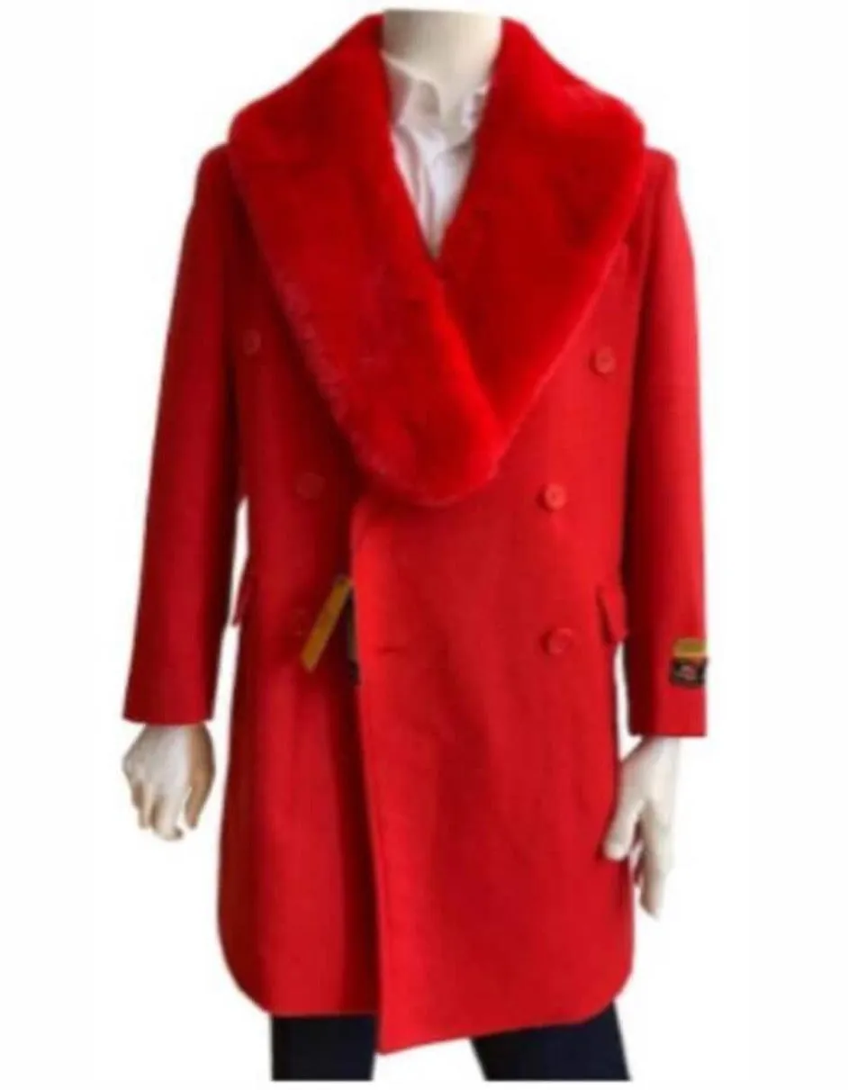 Mens Overcoat - Topcoat For Men - Winter Fabric - Red Mens Overcoat - Double Breasted Peacoat With Fur Collar