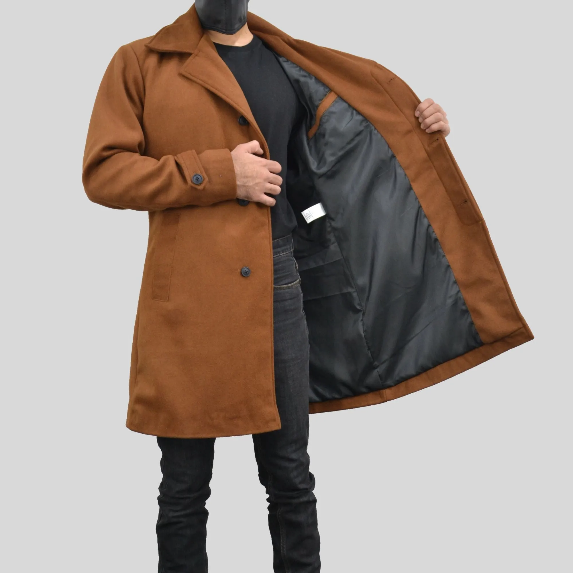 Men's Single Breasted Slim Fit Brown Three Quarter Wool Coat