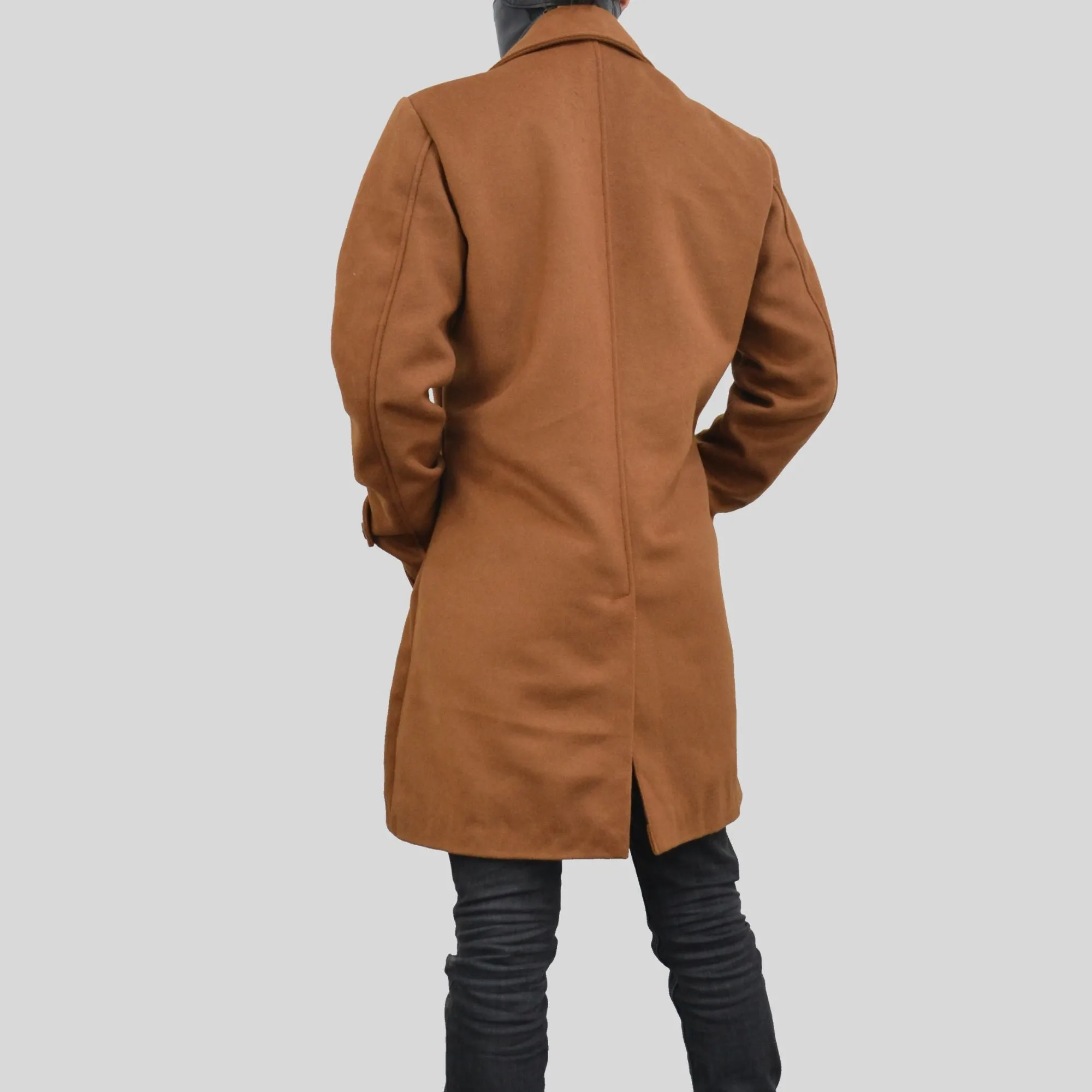 Men's Single Breasted Slim Fit Brown Three Quarter Wool Coat