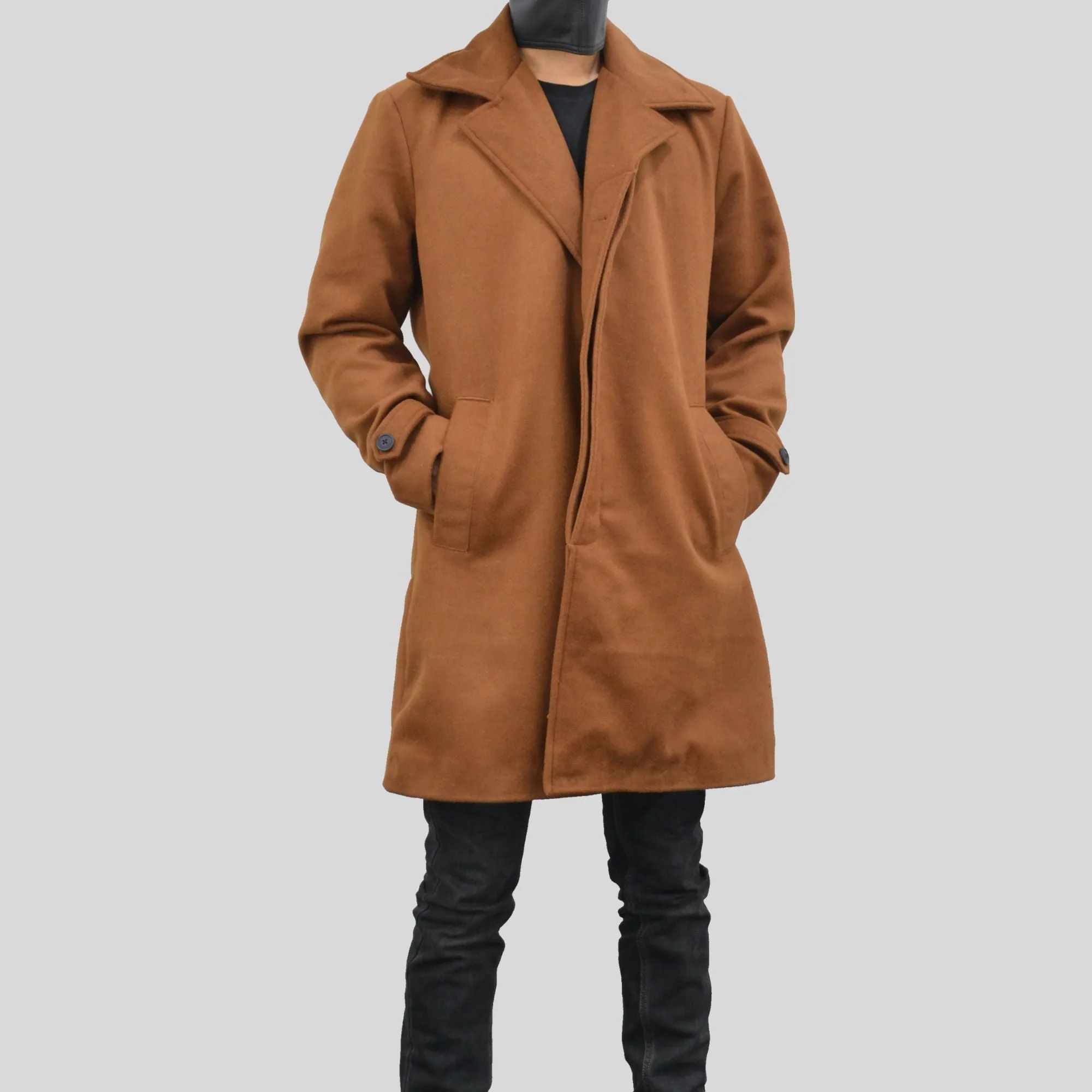 Men's Single Breasted Slim Fit Brown Three Quarter Wool Coat