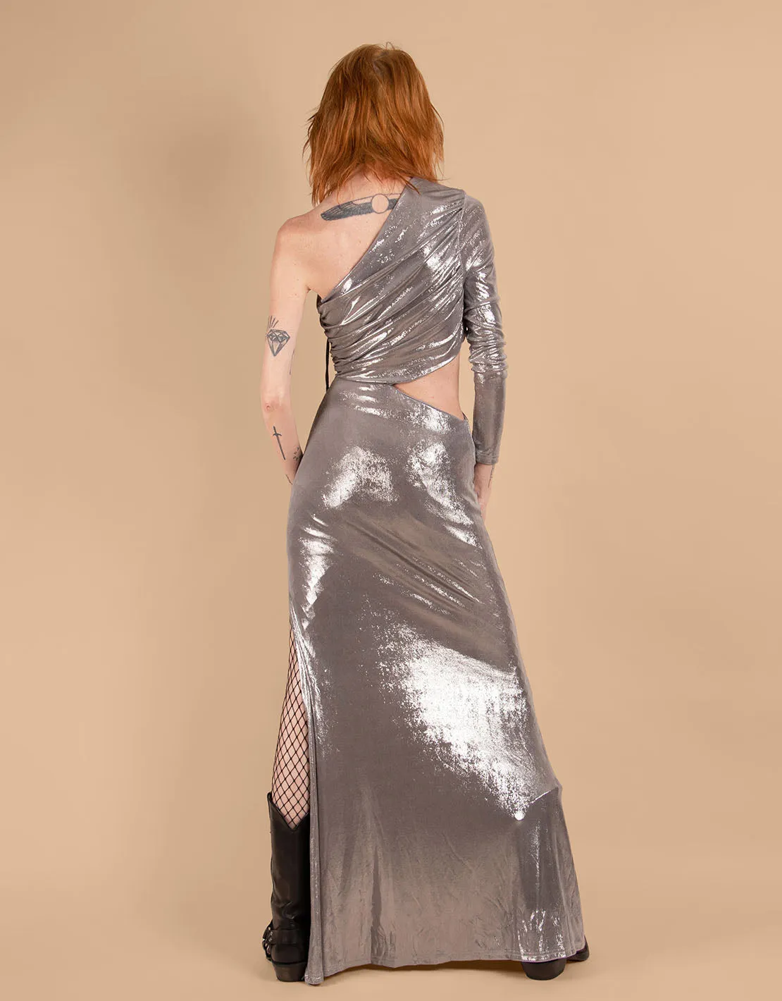 Metallic one shoulder cut out maxi dress