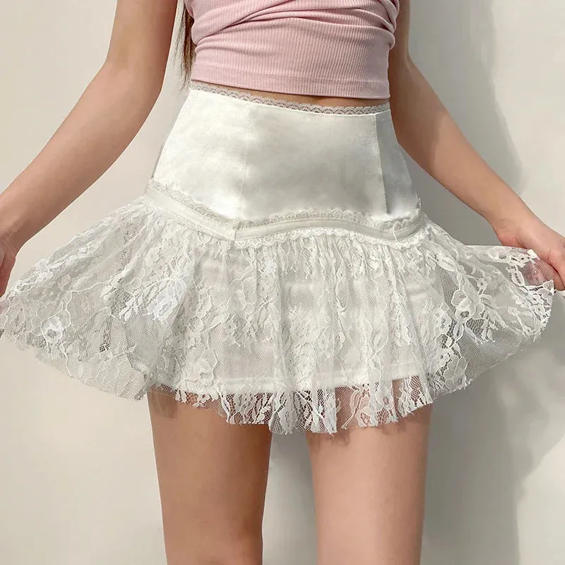 Metaversmall Chic French White Lace Skirt Women Y2K Fashion Spliced A-Line Folds Summer Mini Skirts Double Layer Party Bottoms New