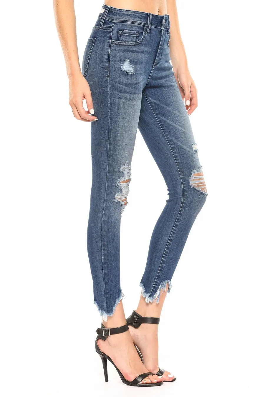 Mid Rise Destroy Fringe Hem Crop Skinny Jeans