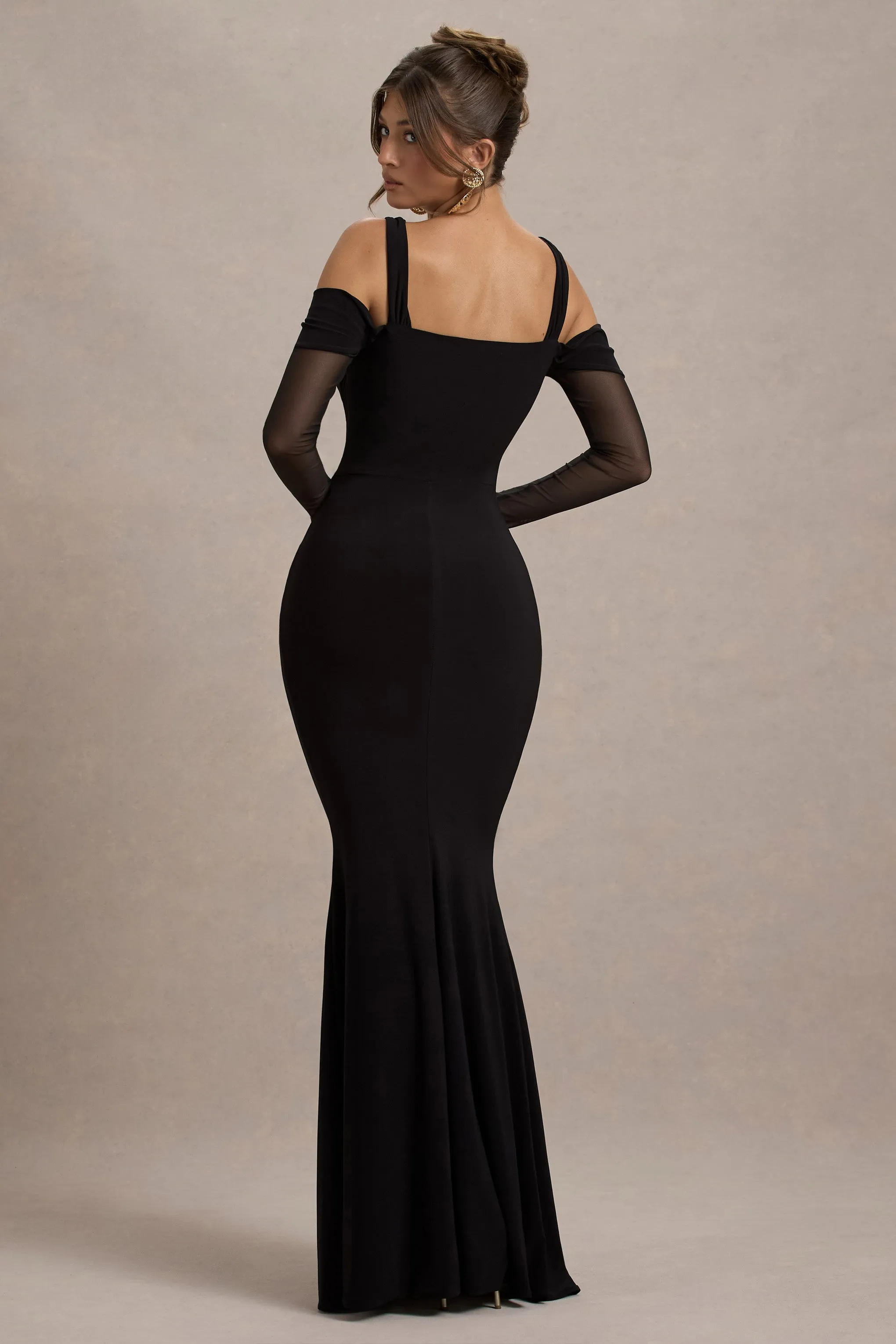 Milana | Black Square-Neck Draped Wrap Maxi Dress With Long Sleeves