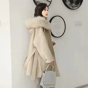 MISS JANEFUR - Original Cashmere Jacket Women Ladies Hand Made Women Fox Fur Collar Wool Coat Casual Winter Wool Jacket Woolen Overcoat Cashmere Coat