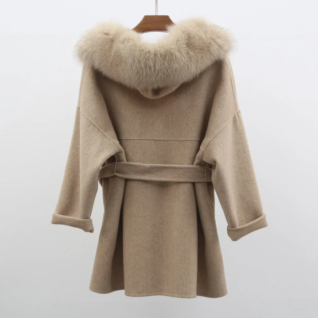 MISS JANEFUR - Original Cashmere Jacket Women Ladies Hand Made Women Fox Fur Collar Wool Coat Casual Winter Wool Jacket Woolen Overcoat Cashmere Coat