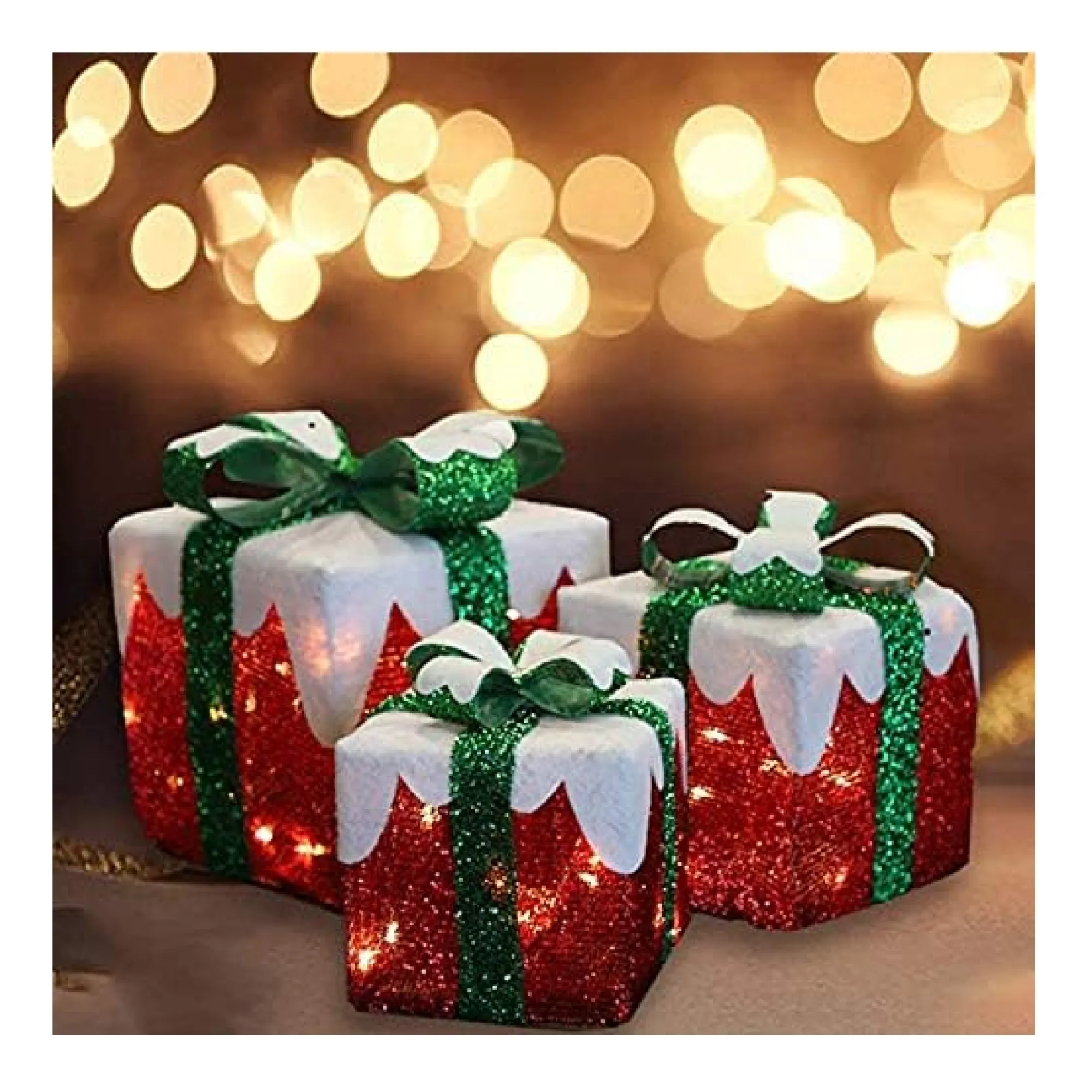 MorTime Set of 3 LED Gift Boxes Christmas Boxes with Green Bows, Lighted Red Boxes with 60 LED Light String for Christmas Indoor Outdoor Home Yard Party Decoration