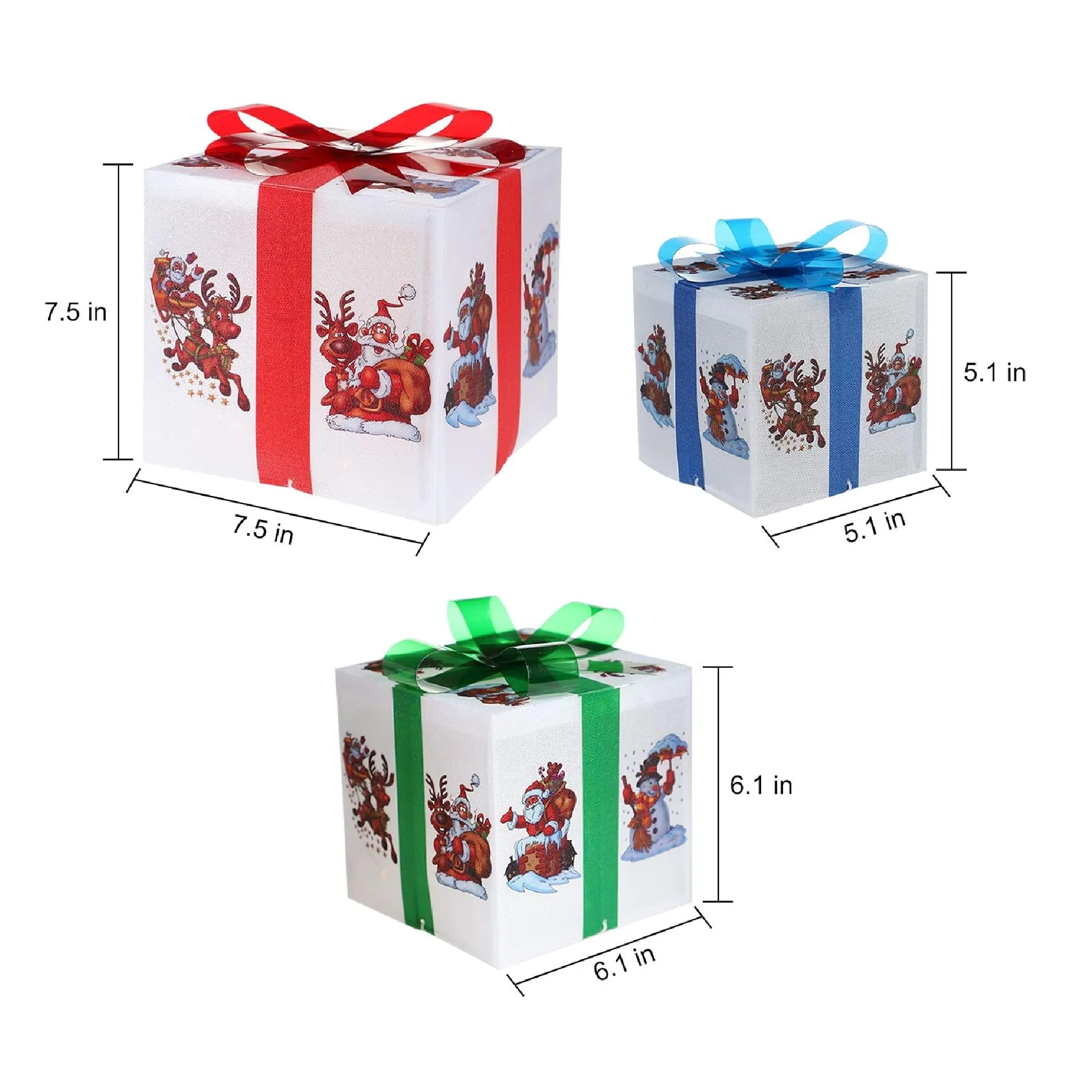 MorTime Set of 3 Lighted Boxes with Bows, Santa Claus Reindeer Snowman PVE Boxes with 60 LED Light String for Christmas Decoration, Red Green Blue