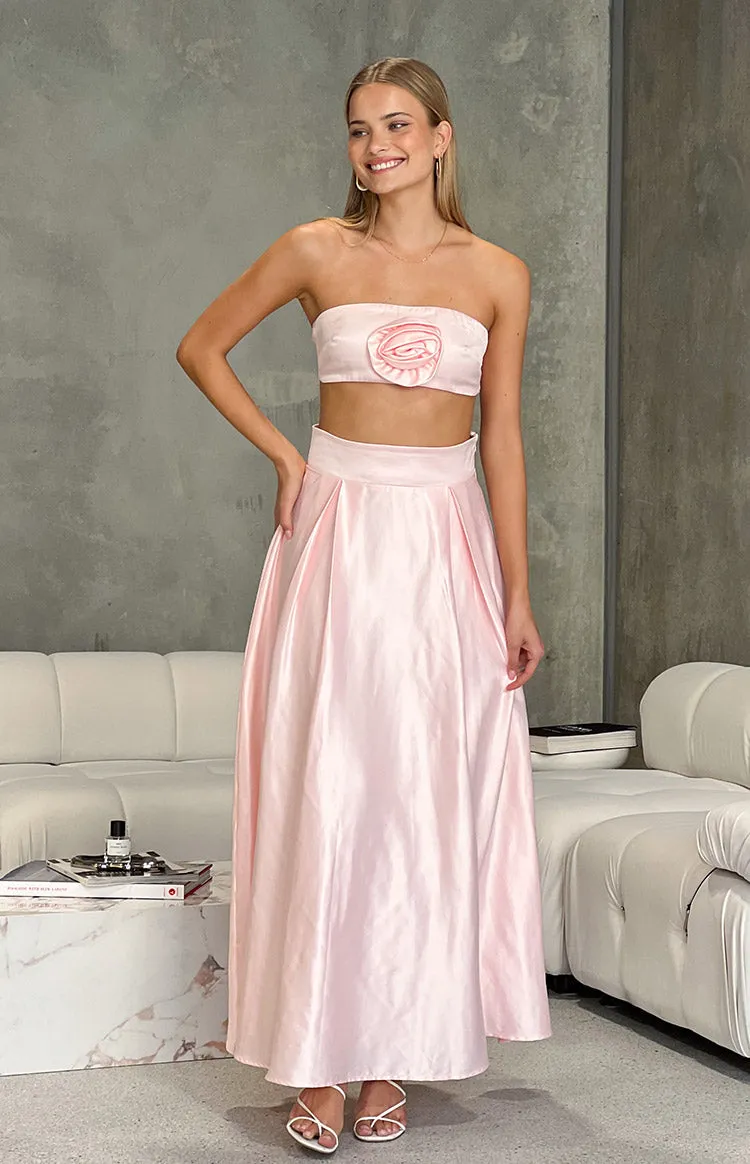 Nakiyah Pink Satin High Waisted Maxi Skirt