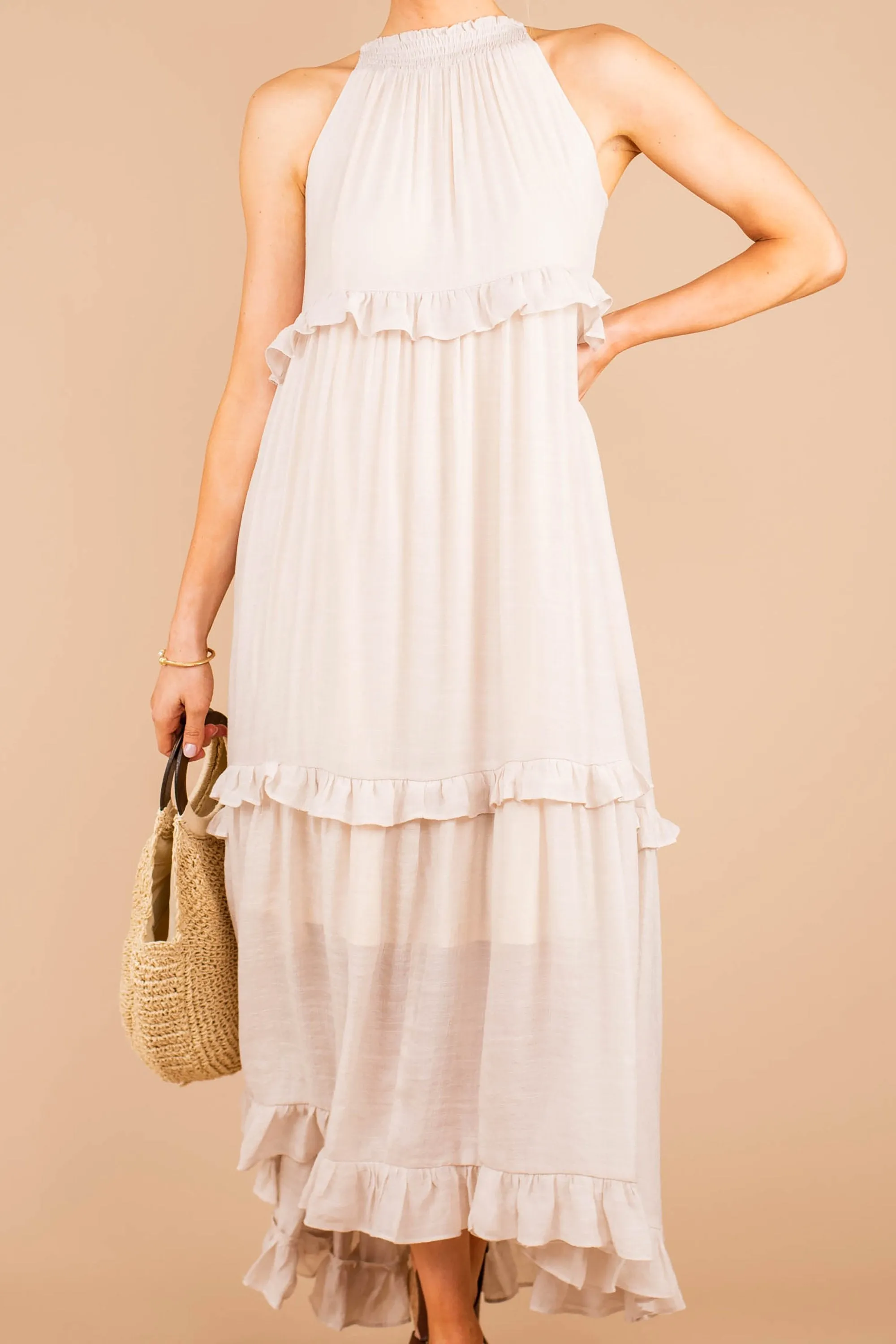 Need You Here Champagne White Halter Maxi Dress