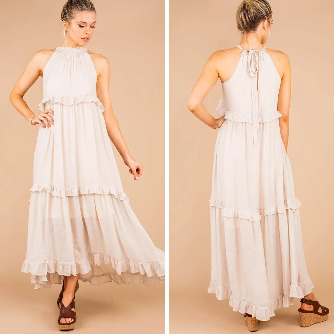 Need You Here Champagne White Halter Maxi Dress