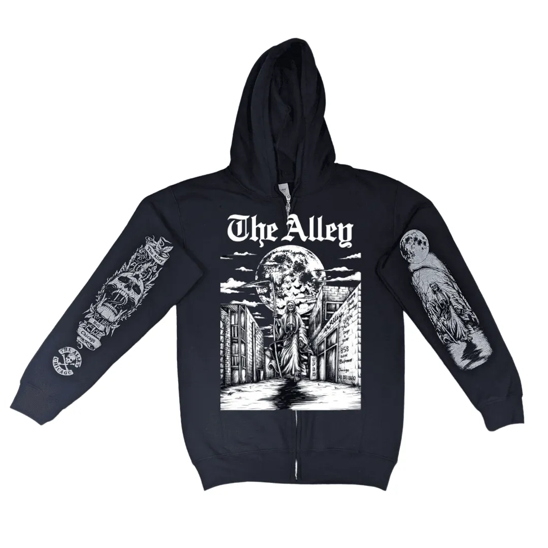 New Alley Grim Reaper Zip Up Hoodie with Printed Sleeves