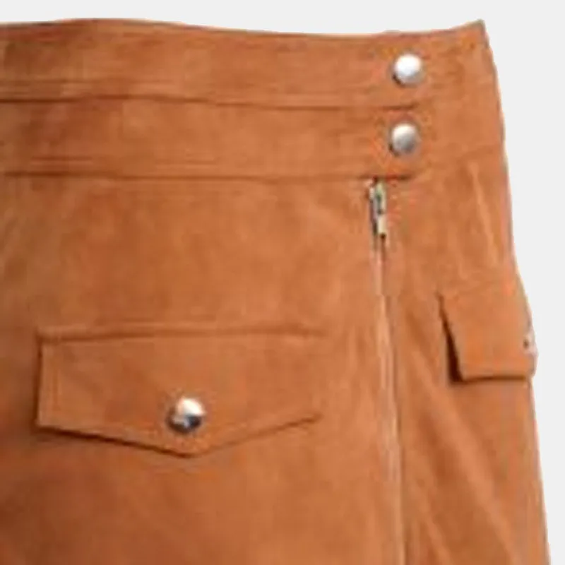 New Style Women’s Tan Real Suede Skirt with Zip Detailing