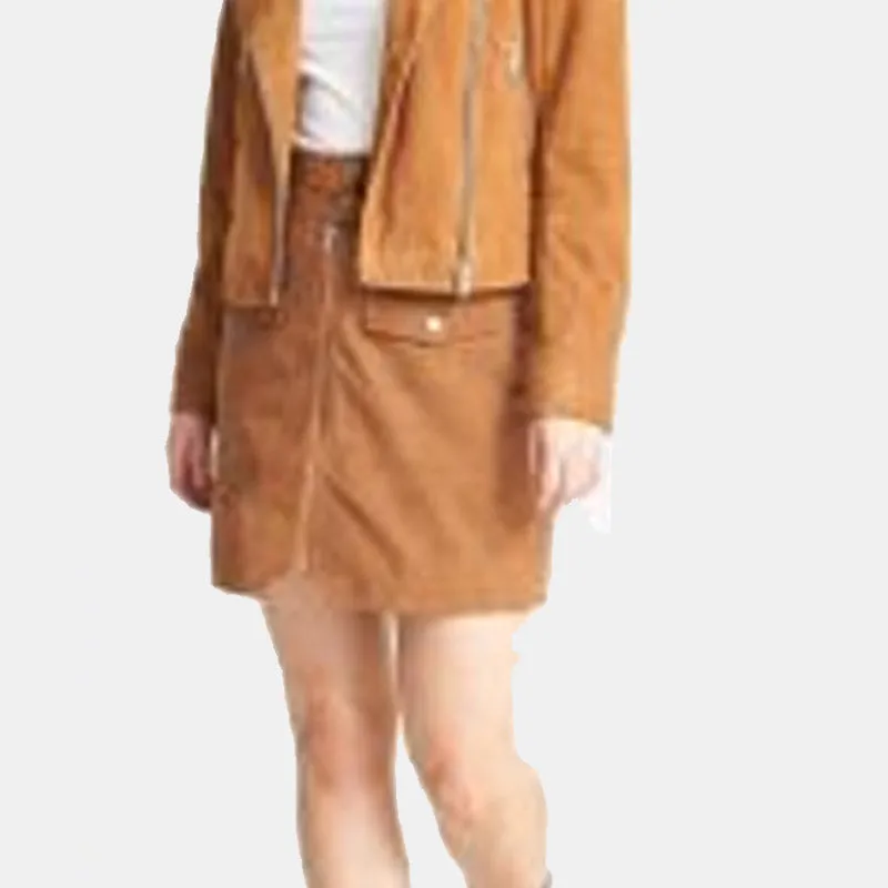 New Style Women’s Tan Real Suede Skirt with Zip Detailing