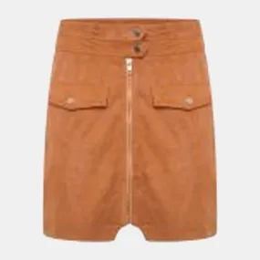 New Style Women’s Tan Real Suede Skirt with Zip Detailing