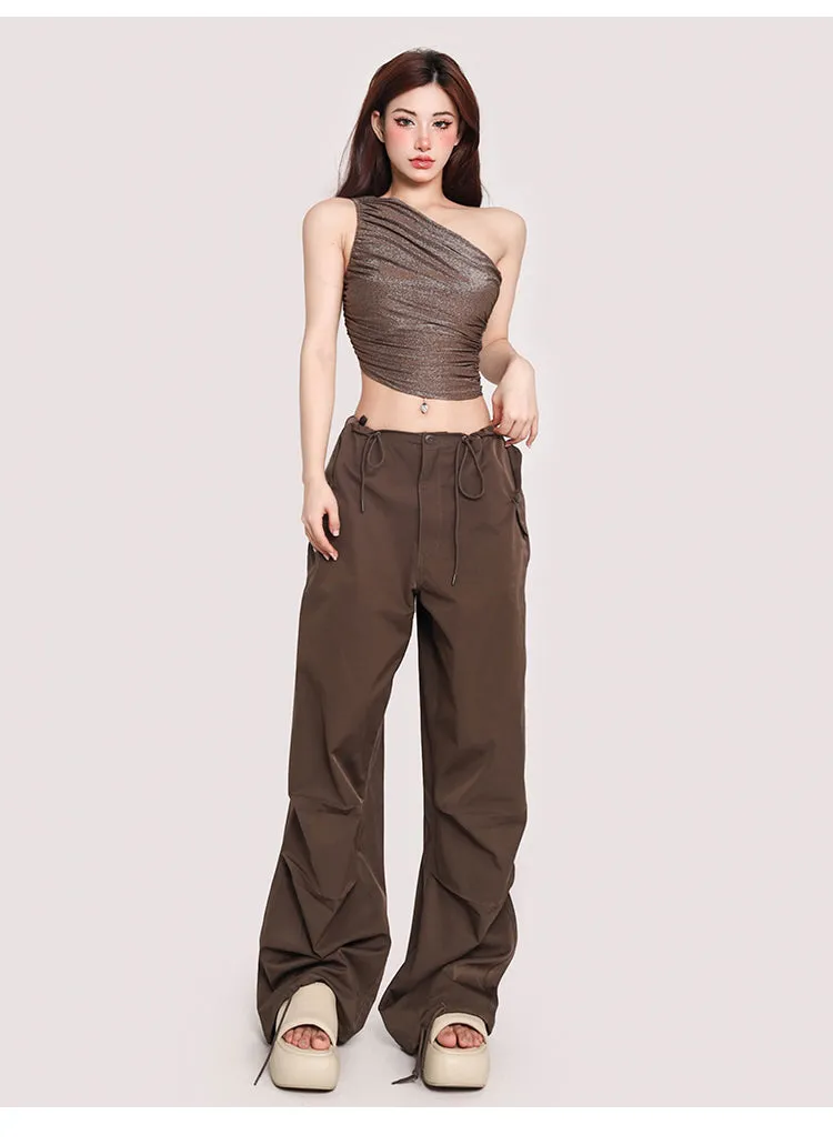 Olivia Solid Color Shimmer One Shoulder Pleated Slim Wrapped Cropped Top