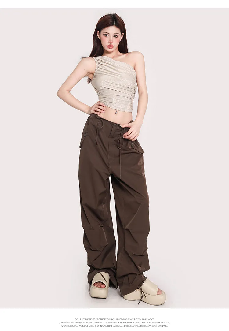 Olivia Solid Color Shimmer One Shoulder Pleated Slim Wrapped Cropped Top