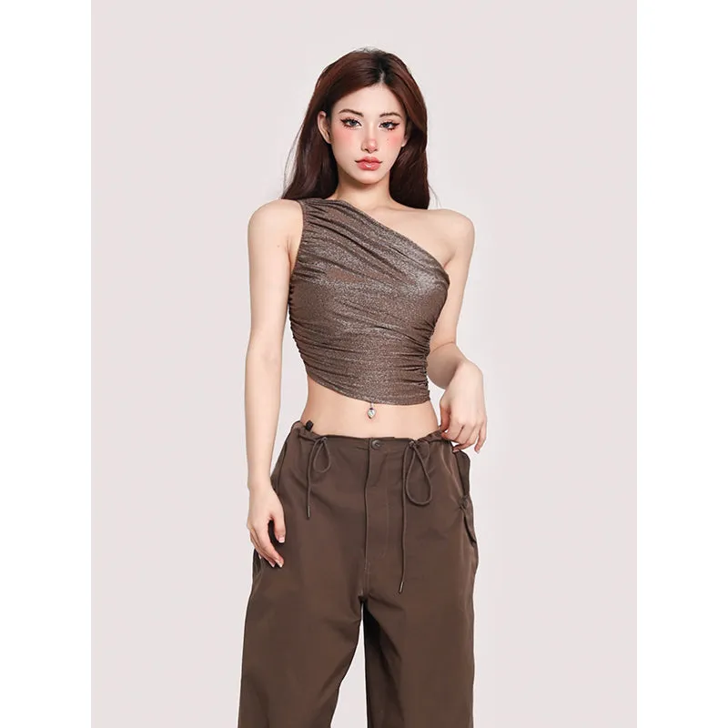 Olivia Solid Color Shimmer One Shoulder Pleated Slim Wrapped Cropped Top