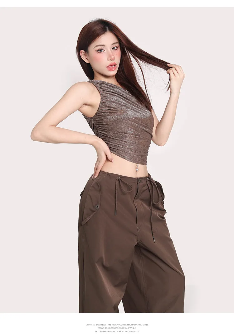 Olivia Solid Color Shimmer One Shoulder Pleated Slim Wrapped Cropped Top