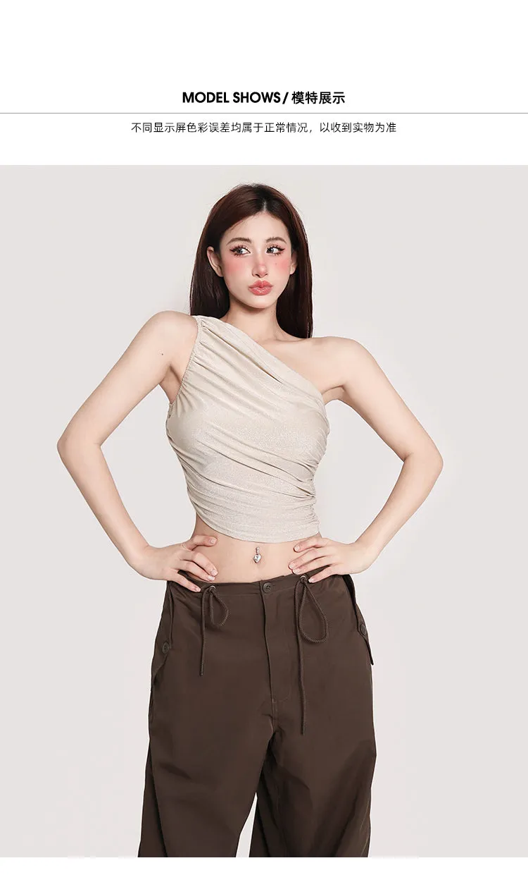 Olivia Solid Color Shimmer One Shoulder Pleated Slim Wrapped Cropped Top