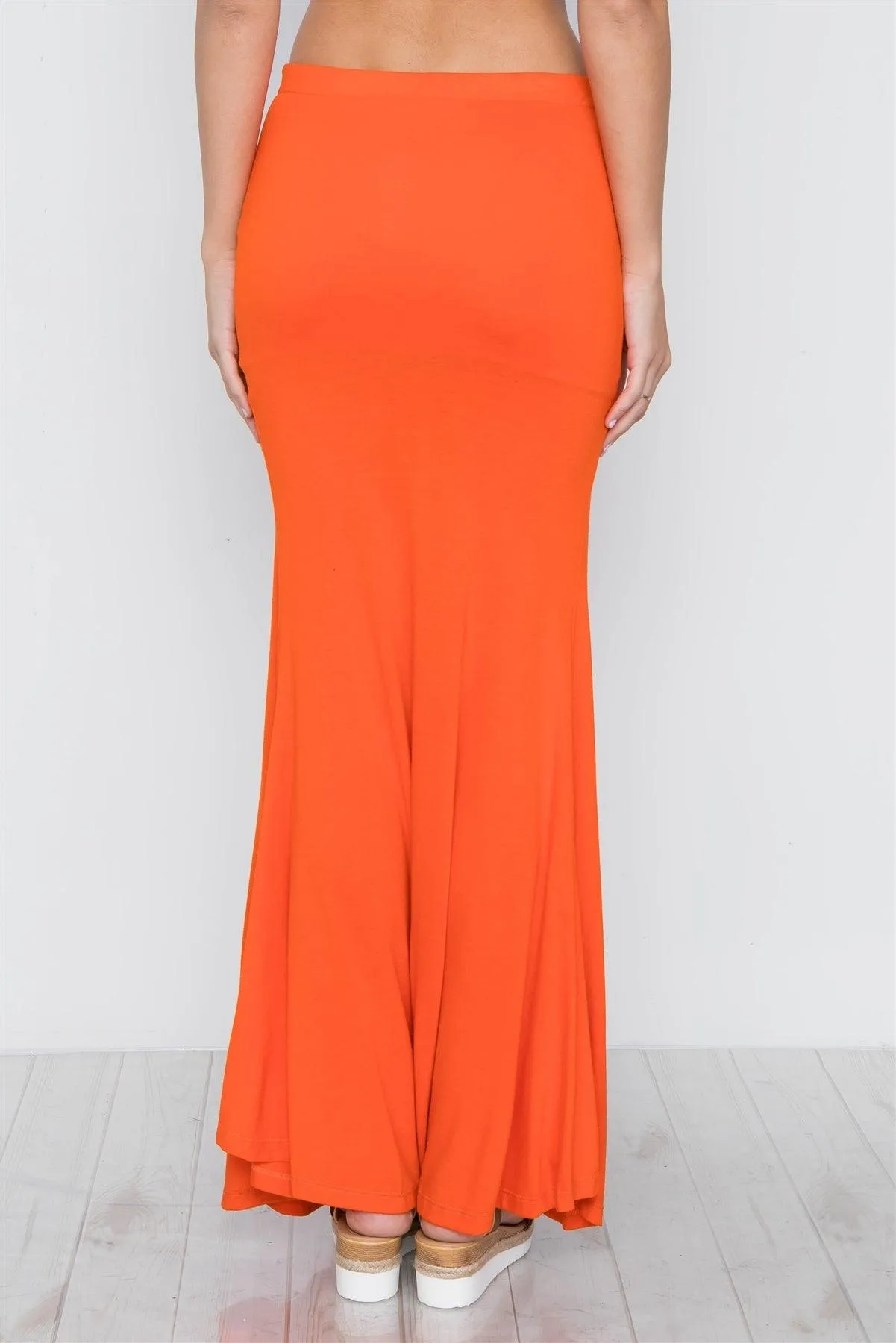 Orange Solid Zip-Front Side-Slit Maxi Skirt