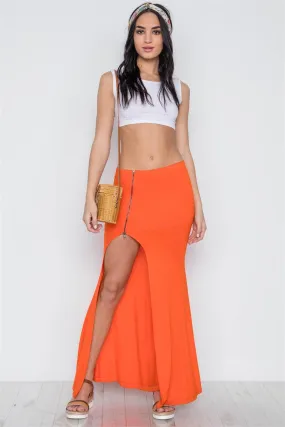 Orange Solid Zip-Front Side-Slit Maxi Skirt