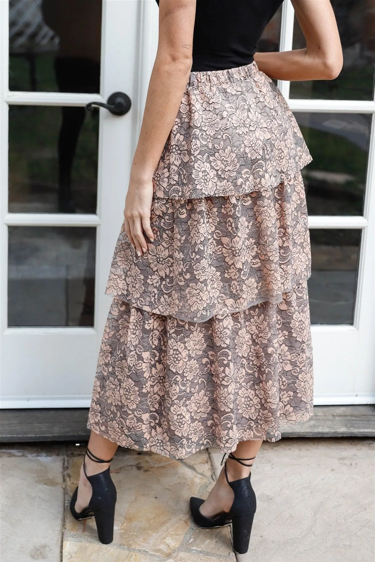 Peach & Grey Lace Layered Ruffled Midi Skirt /2-2