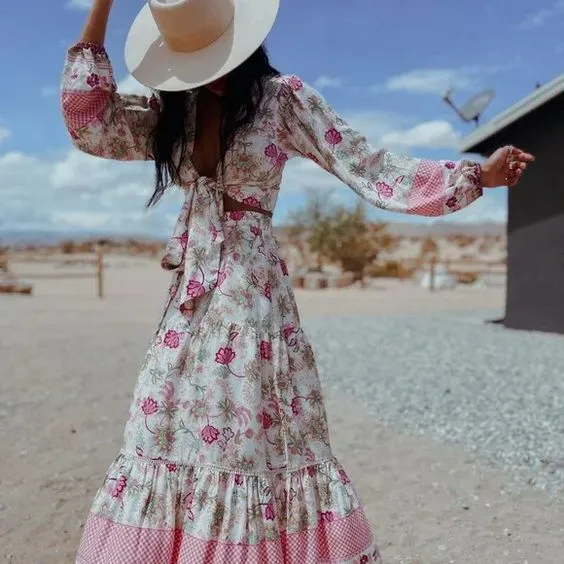 Pink Floral Peasant Top Maxi Skirt Set Or Separate Boho Tie Front Crop Top Bohemian Long Ruffled Hem Drawstring Elastic Waist Skirt Pink Flowers On White Available In Small Medium Or Large