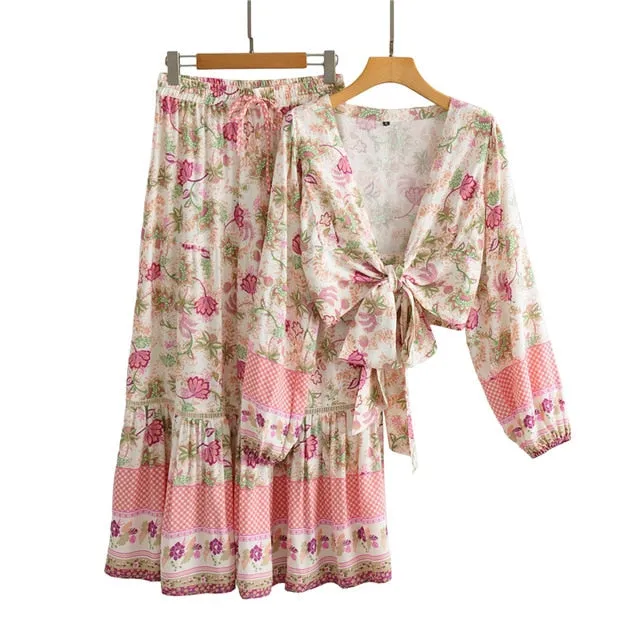 Pink Floral Peasant Top Maxi Skirt Set Or Separate Boho Tie Front Crop Top Bohemian Long Ruffled Hem Drawstring Elastic Waist Skirt Pink Flowers On White Available In Small Medium Or Large