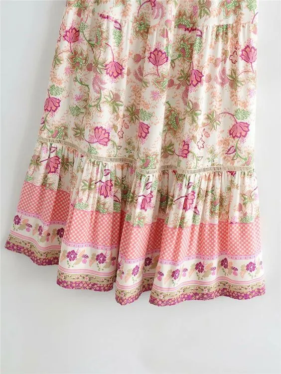 Pink Floral Peasant Top Maxi Skirt Set Or Separate Boho Tie Front Crop Top Bohemian Long Ruffled Hem Drawstring Elastic Waist Skirt Pink Flowers On White Available In Small Medium Or Large