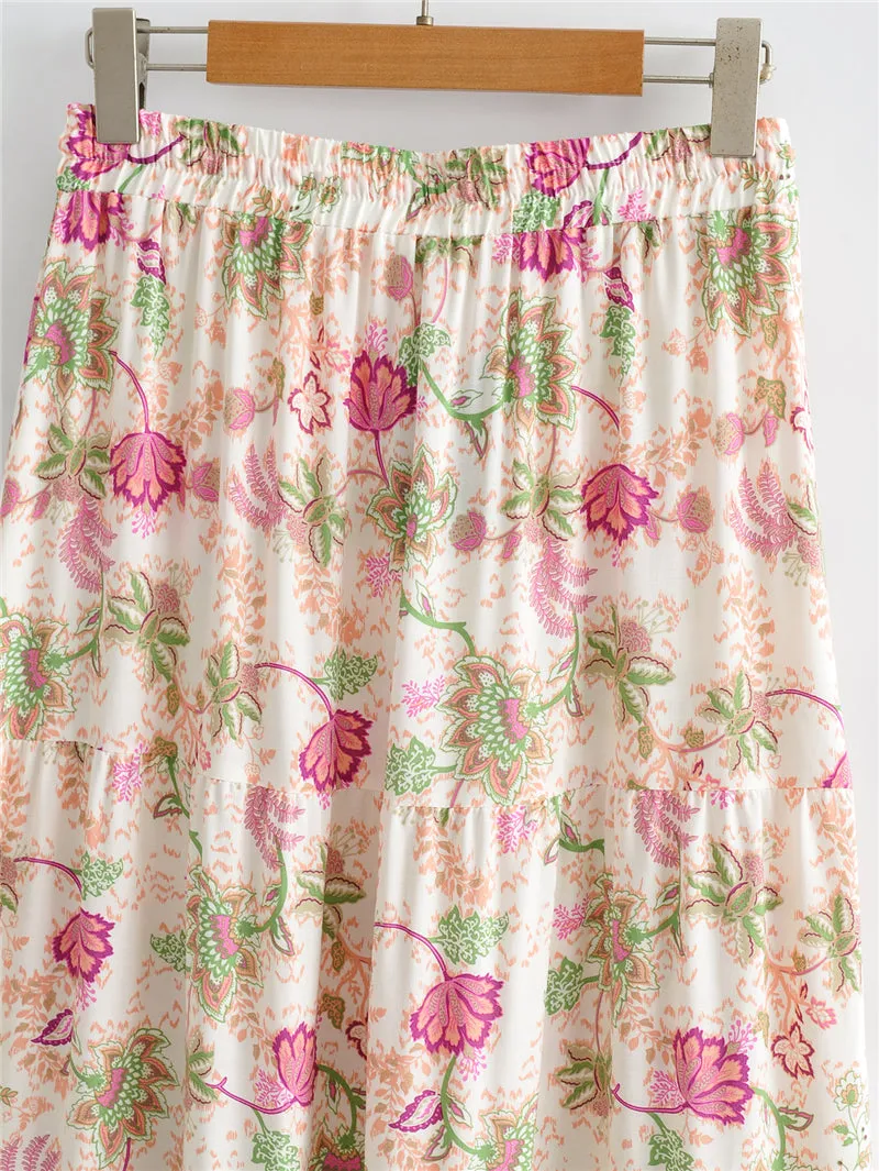 Pink Floral Peasant Top Maxi Skirt Set Or Separate Boho Tie Front Crop Top Bohemian Long Ruffled Hem Drawstring Elastic Waist Skirt Pink Flowers On White Available In Small Medium Or Large