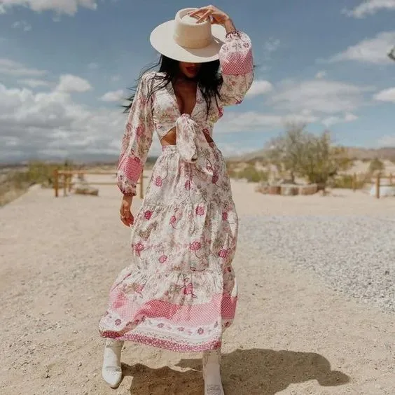 Pink Floral Peasant Top Maxi Skirt Set Or Separate Boho Tie Front Crop Top Bohemian Long Ruffled Hem Drawstring Elastic Waist Skirt Pink Flowers On White Available In Small Medium Or Large