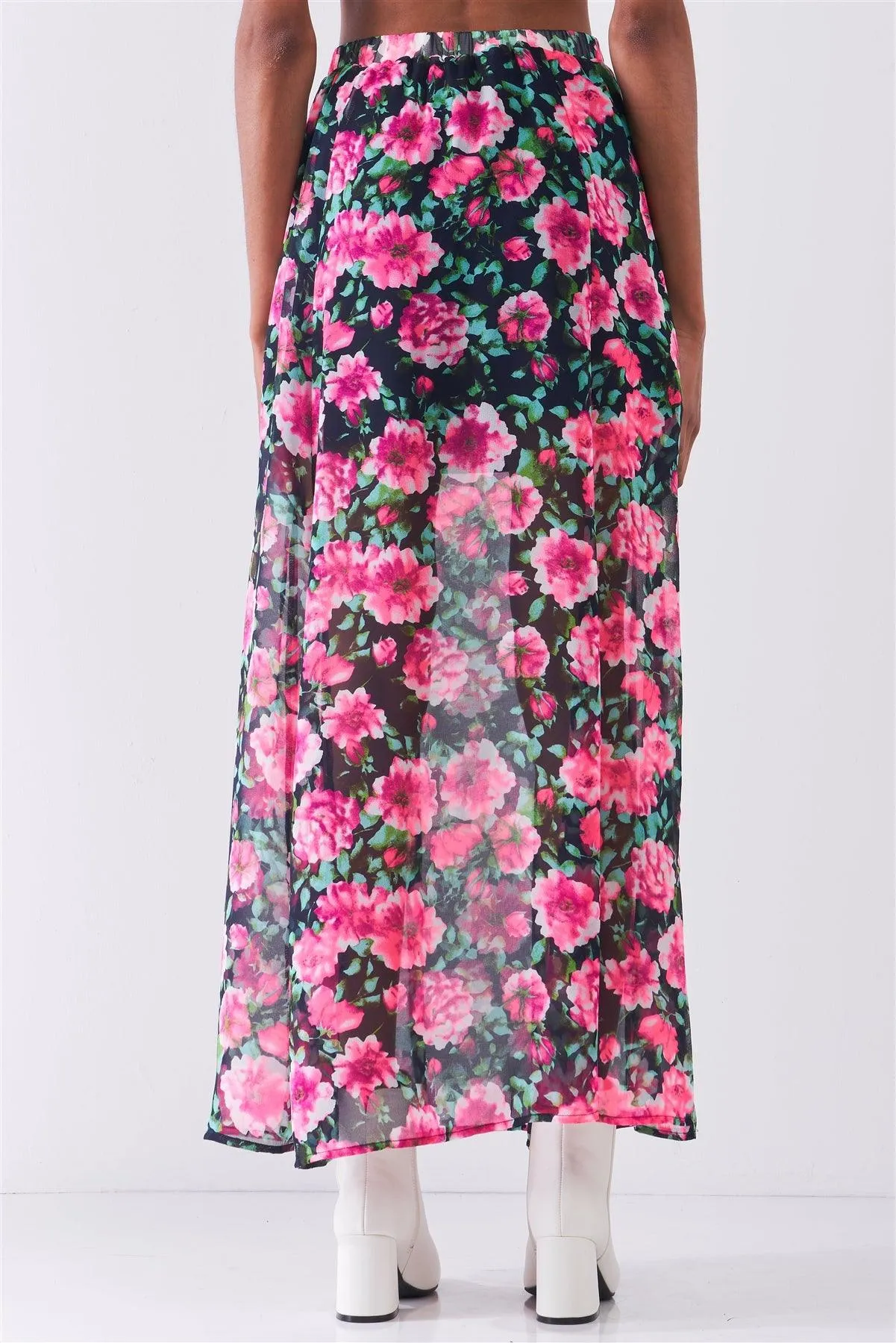 Pink Gardenia Floral Print High Waist Semi-Sheer Maxi Skirt /1-2-2-1-1