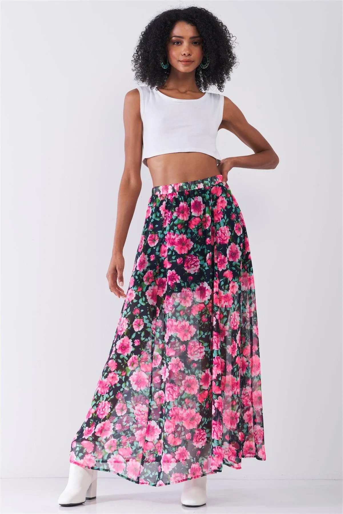 Pink Gardenia Floral Print High Waist Semi-Sheer Maxi Skirt /1-2-2-1-1