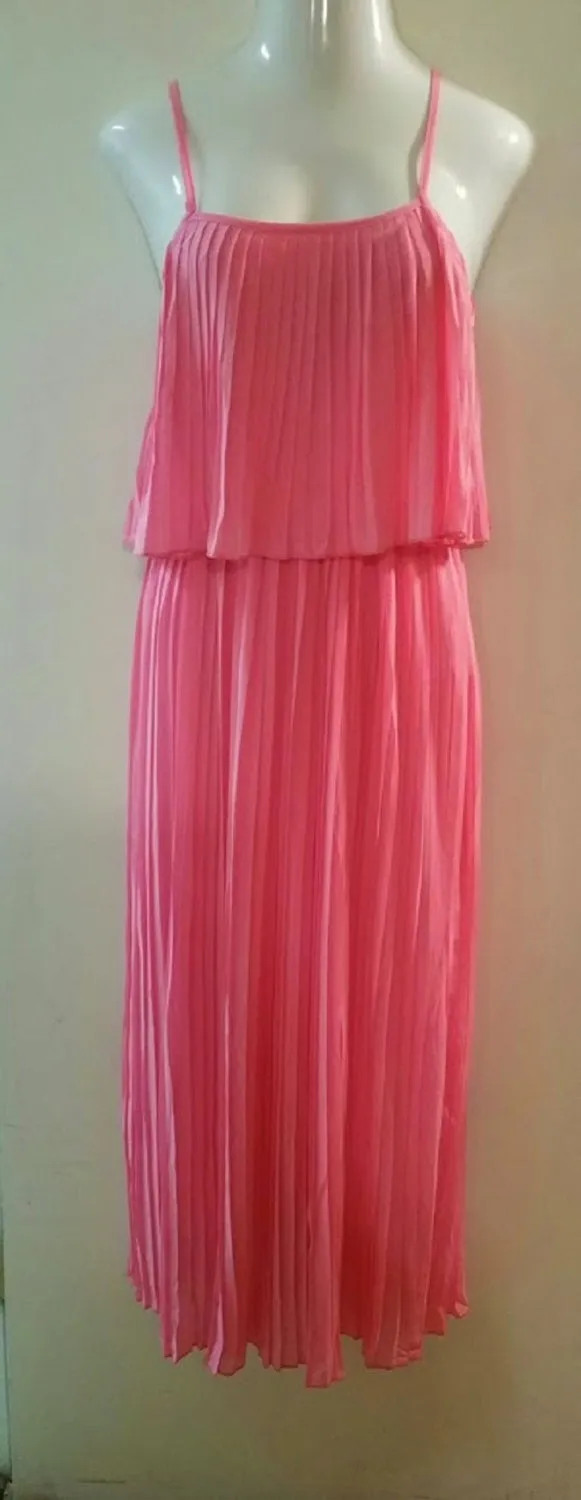 Pink Pleated Ruffled Maxi Dress, Chiffon pleated maxi dress, Long tiered Maxi-dress,