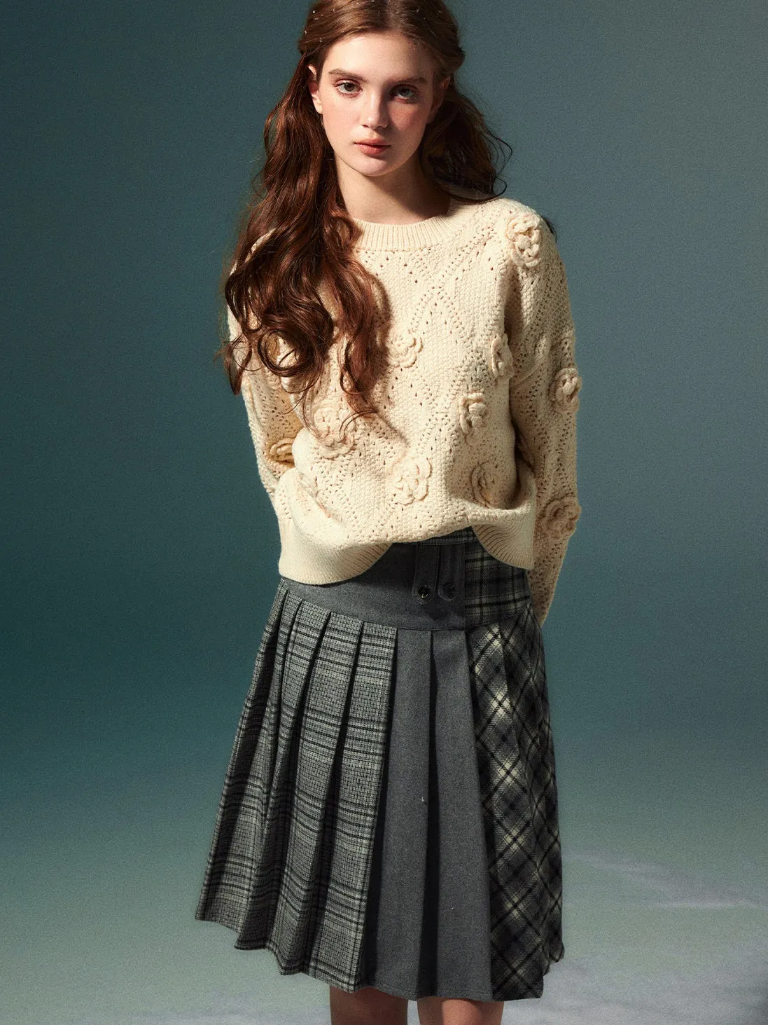 Plaid Stitching Design Pleated Skirt