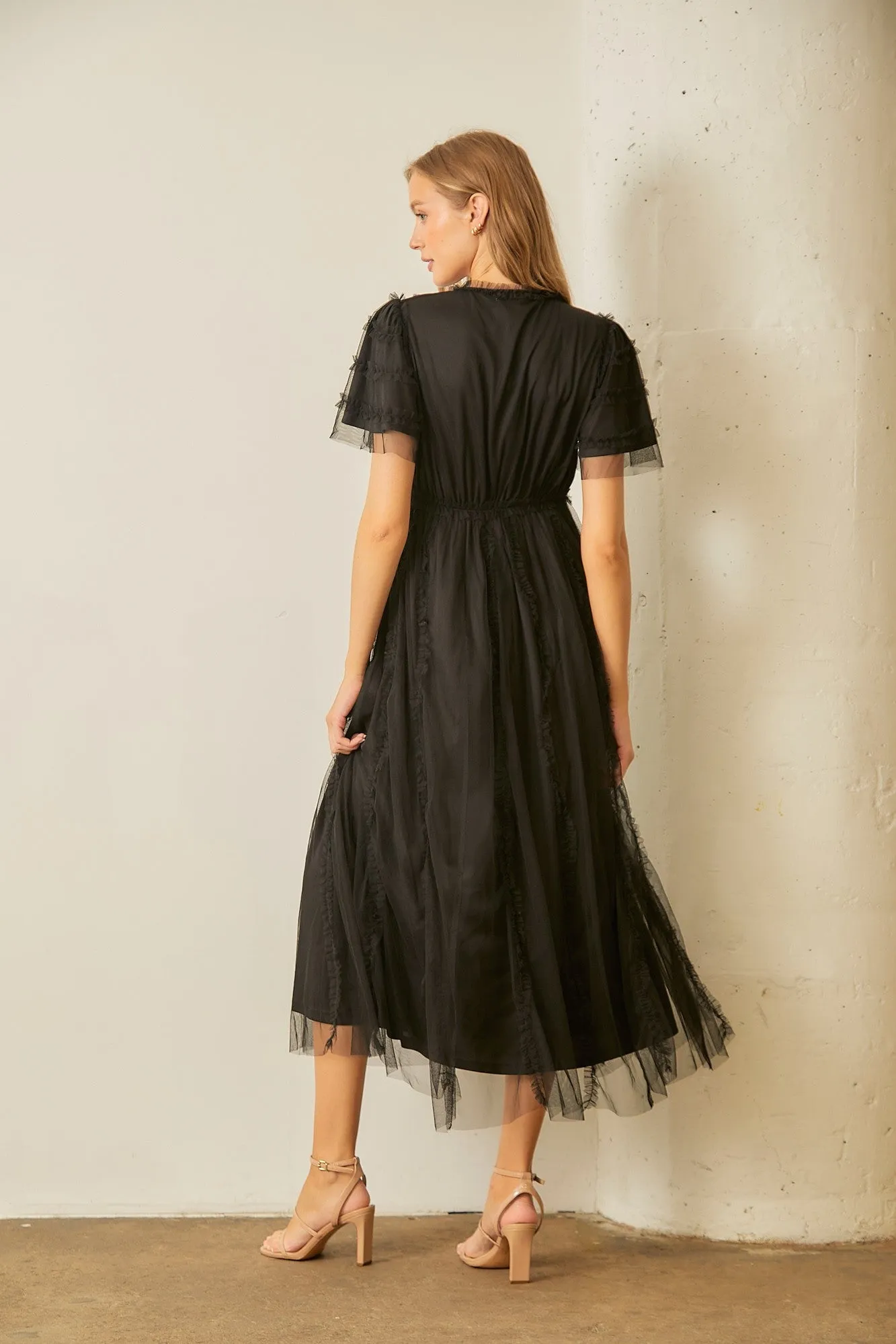 Polagram - Black VNeck Ruffle Midi Dress