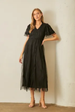 Polagram - Black VNeck Ruffle Midi Dress