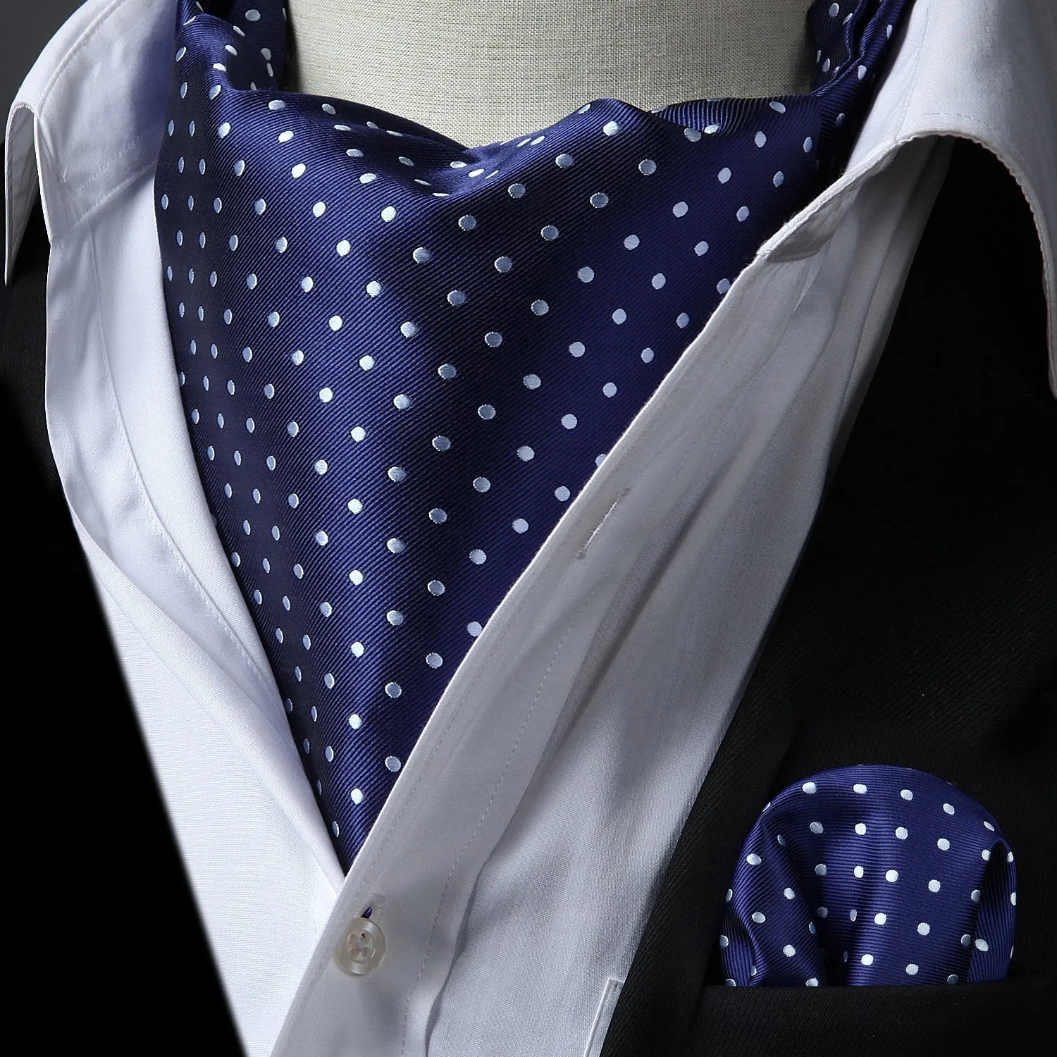 Polka Dot Ascot Cravat Scarf - NAVY BLUE/SILVER