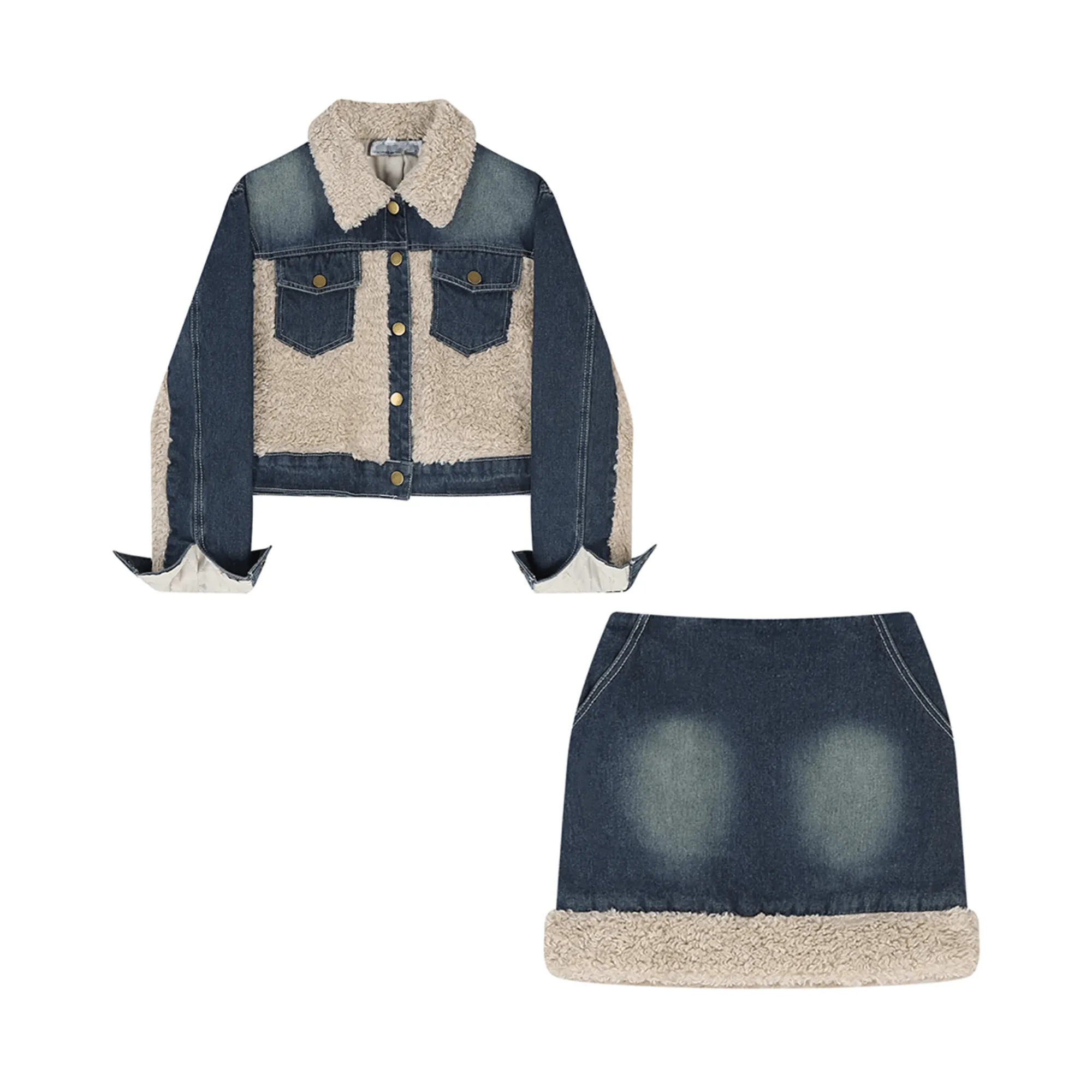 Pre Order:  Denim Wool Patchwork Jacket Skirt Set