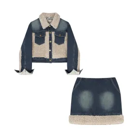 Pre Order:  Denim Wool Patchwork Jacket Skirt Set